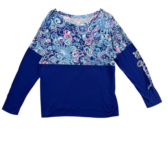 Lilly Pulitzer Finn Top Womens Blue Pima Cotton Modal LS Boat Neck Size XL - Picture 1 of 13
